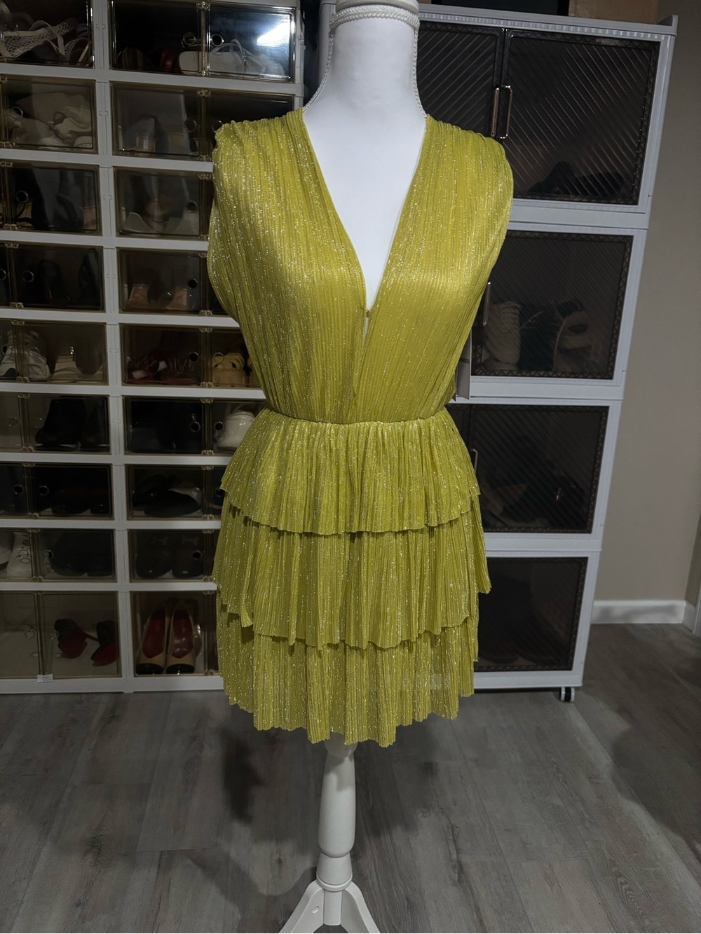 Sabina Musayev Lime-Gold Tiered V-Neck Backless Party Dress
